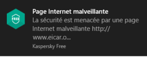 Un PopUp de Kaskersky Free apparait suite à la tentative de téléchargement